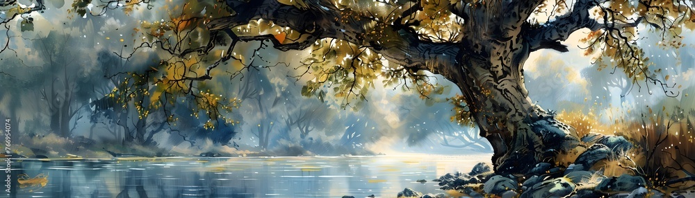 a majestic cottonwood tree standing tall beside a serene shimmering stream a majestic cottonwood tree standing tall beside a serene shimmering stream
