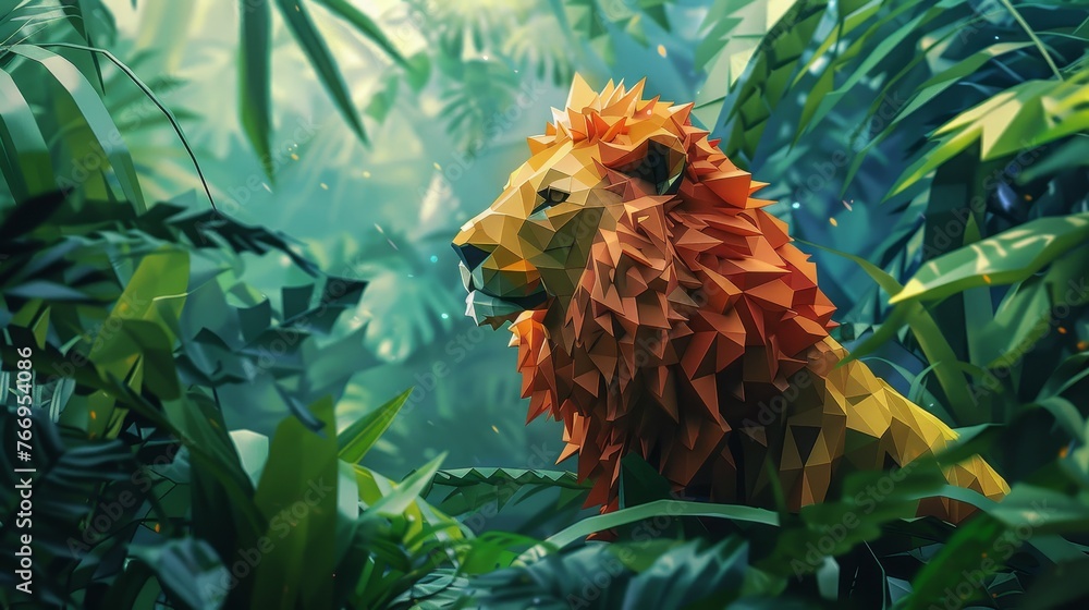 Obraz premium Artistic low poly illustration showcases geometric creatures in imaginative environment