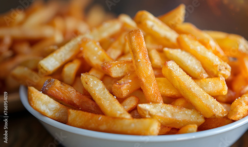 Golden crispy French fries close-up with salt crystals