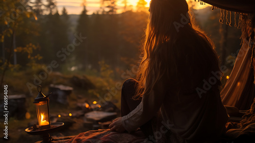 Beautiful Swede woman, setting up a cozy campsite to watch the sunset in the forest