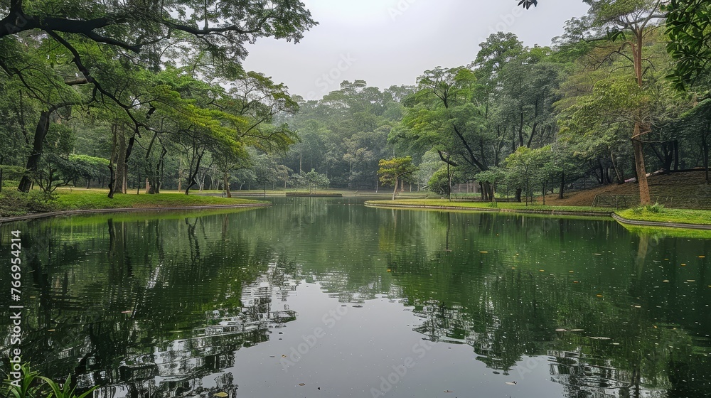 Atmosphere: A tranquil lake surrounded by lush greenery Atmosphere: A tranquil lake surrounded by lush greenery