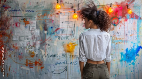 Beautiful young African American woman thinking or wondering. Contemplating. Back or back view with graffiti wall. © Wayu