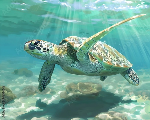 Serene Sea Turtle Gliding Through Vibrant Coral Reef in Turquoise Ocean Waters Showcasing the Beauty and Importance of Marine Life Conservation