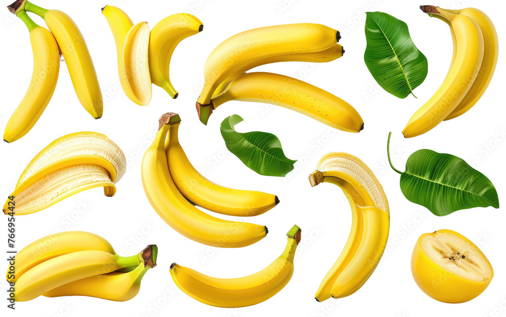 A Collection of Fresh, Ripe Baby Bananas Adorned with Leaves isolated on transparent Background