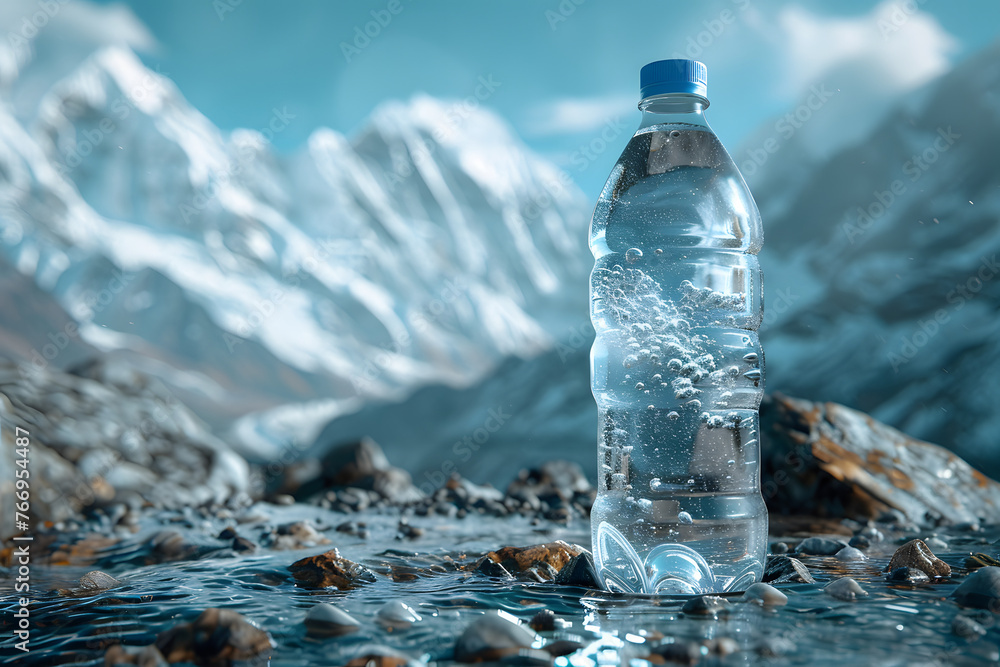 Bottle and glass of pouring crystal water against blurred nature snow mountain landscape background. Organic pure natural water. Healthy refreshing drink. Bottle and glass of pouring crystal water against blurred nature snow mountain landscape background. Organic pure natural water. Healthy refreshing drink.