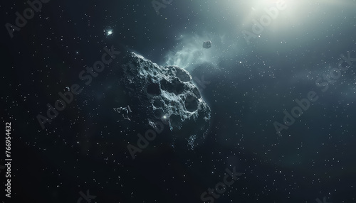 A large rock is floating in space