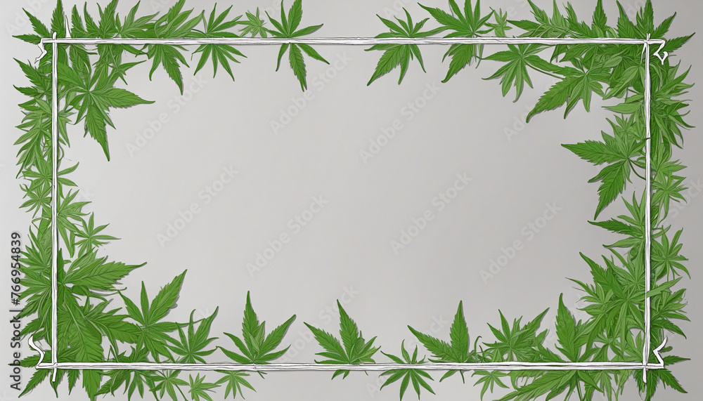 lush hemp leaves as a frame border, isolated with copyspace colorful background