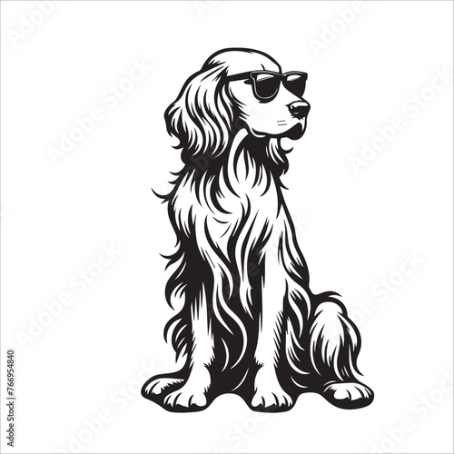 English Setter dog sitting wearing sunglasses Vector illustration in black and white 
