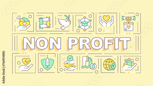 Non governmental organizations yellow word concept. Nonprofits. Typography banner. Flat design. Vector illustration with title text, editable line icons. Ready to use. Arial Black font used