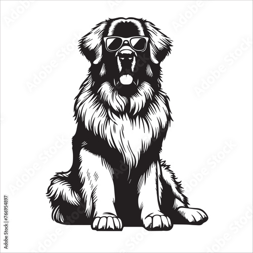 Leonberger dog sitting wearing sunglasses Vector illustration in black and white 
