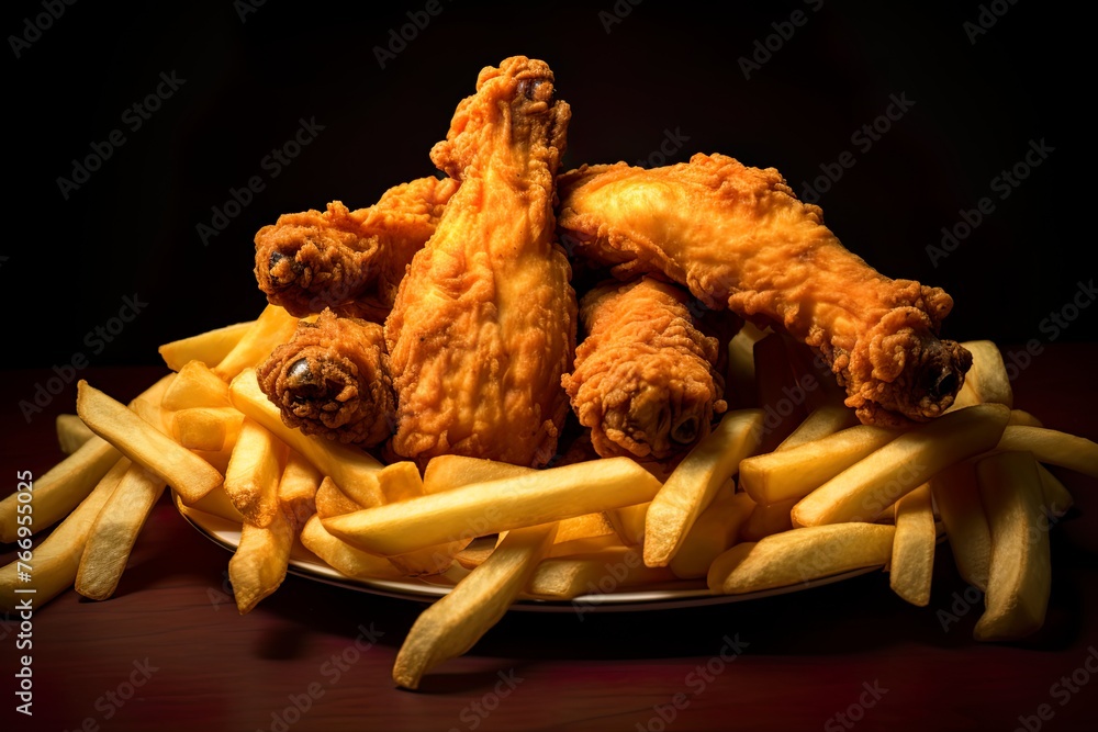 Fototapeta premium Delicious dish of chicken wings in batter with potatoes