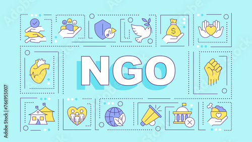 Non governmental organizations turquoise word concept. Nonprofits. Typography banner. Flat design. Vector illustration with title text, editable line icons. Ready to use. Arial Black font used