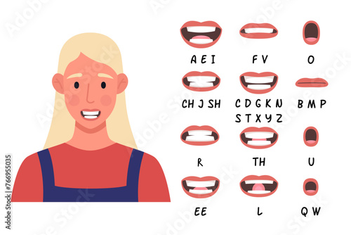 Lip sync collection for animation. Cartoon female character. Vector illustration.