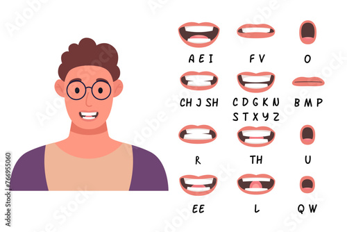 Lip sync collection for animation. Cartoon male character. Vector illustration. photo
