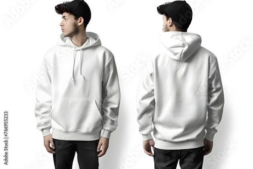 Front and Back View of White Hoodie with Space Print Design. Concept White Hoodie, Space Print, Front View, Back View, Product Photography