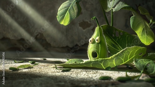 A frightened animated pea pod character cowers among fallen leaves under a beam of light in a moody garden setting.