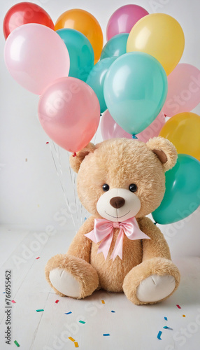 Teddy bear and pastel color heart balloons colorful background