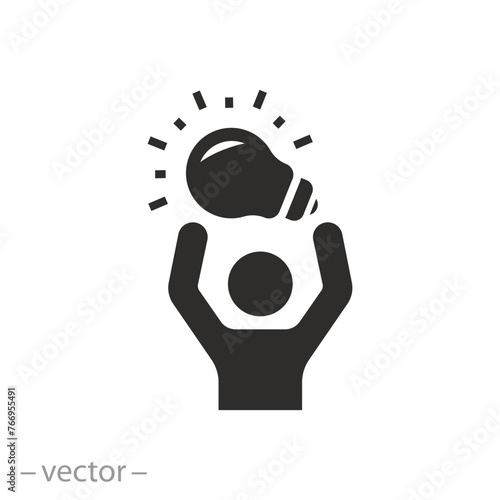 creative solution icon, man found idea, eureka, person holding light bulb, flat symbol on white background - vector illustration eps10