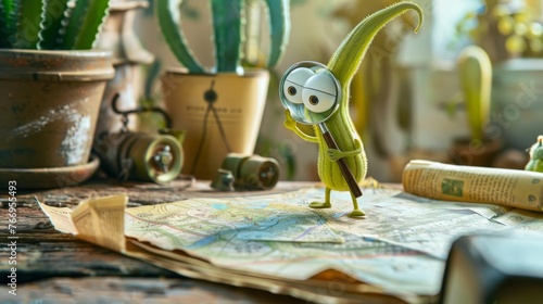 A curious animated okra character inspects a map with a magnifying glass amidst various exploration-themed objects.