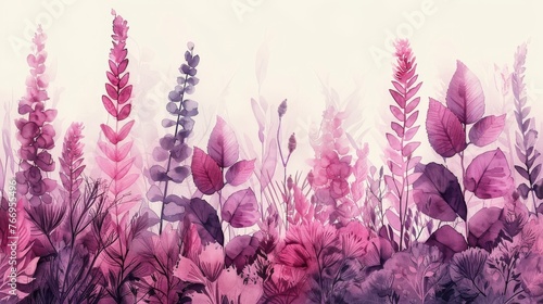 A watercolor painting featuring vibrant purple and pink flowers in full bloom against a soft background