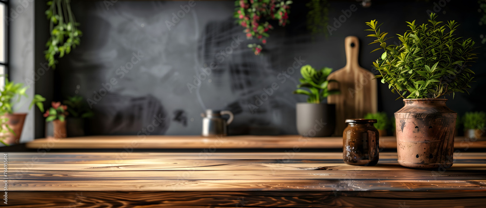Elegant interior scene with plants on a wooden table against a dark grey wall background Elegant interior scene with plants on a wooden table against a dark grey wall background