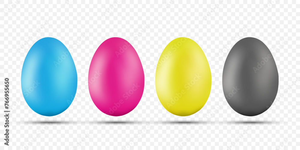 Easter eggs are painted in CMYK colors. Templates isolated on transparent background. Vector stock illustration
