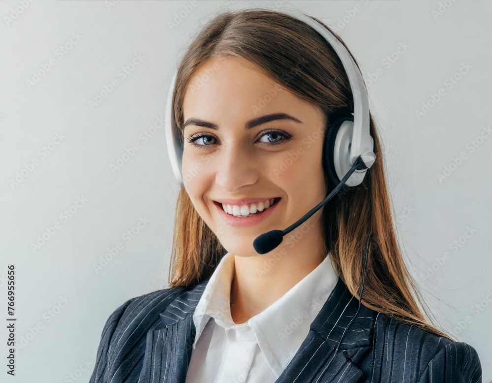 Beautiful smiling girl blonde of call center woman in headphones on white background Beautiful smiling girl blonde of call center woman in headphones on white background