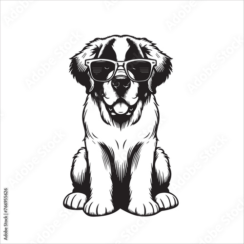 Saint Bernard dog sitting wearing sunglasses Vector illustration in black and white 
