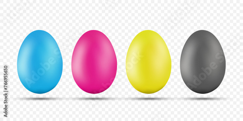 Easter eggs are painted in CMYK colors. Templates isolated on transparent background. Vector stock illustration
