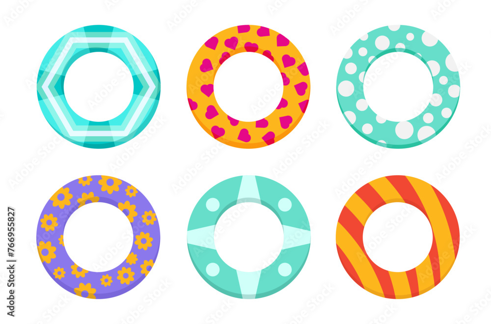 Inflatable ring. Swimming pool circle toys. Donut, rainbow, watermelon, beach life buoy. Summer floating swim rings top view vector set. Round object for rest or relax on sea water Inflatable ring. Swimming pool circle toys. Donut, rainbow, watermelon, beach life buoy. Summer floating swim rings top view vector set. Round object for rest or relax on sea water