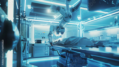 a futuristic operating room where a robotic surgeon is performing a complex procedure