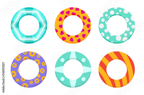 Inflatable ring. Swimming pool circle toys. Donut, rainbow, watermelon, beach life buoy. Summer floating swim rings top view vector set. Round object for rest or relax on sea water