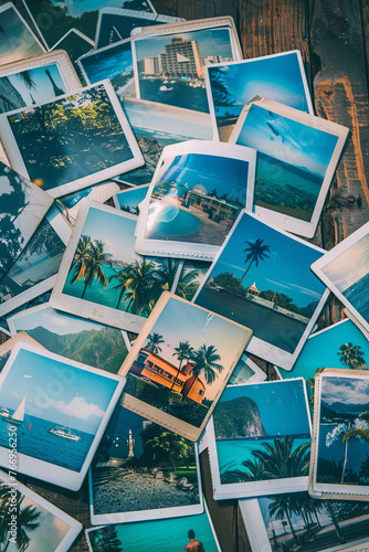 Collection of vintage polaroids depicting travel memories on a wooden surface