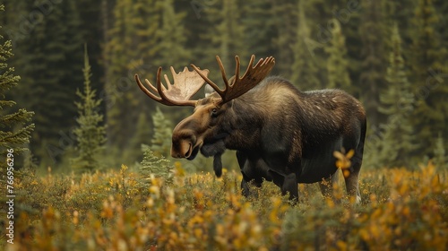 Majestic moose forages in dense Canadian forest
