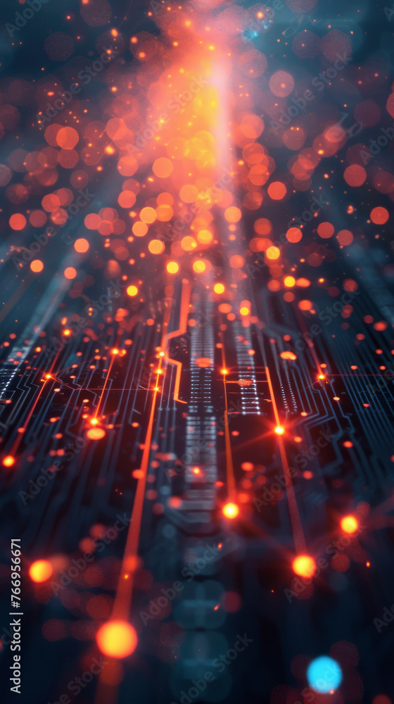 Fotografie Abstract Red and Orange Glowing Circuit Board Background