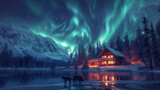 Aurora Borealis Dance Over Snowy Forest and Cabin With Howling Wolves