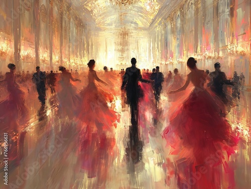 Abstract painting of a dance hall with swirling red gowns