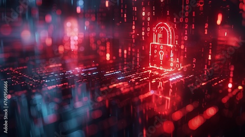 Stock photography-style digital background showcases red padlock icon on glowing data code