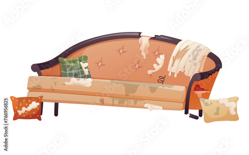 Broken, torn and dirty home sofa. Damaged furniture for the interior of the living room. Vector isolated cartoon illustration.
