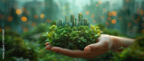 Green city concept in hand, cutting plants' leaves