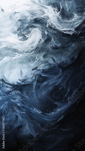 An abstract painting featuring white and blue waves against a stark black background