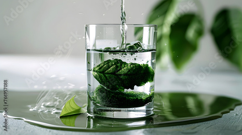 Chlorophyll extract is poured in pure water in glass against a white grey background with green leaf. Liquid chlorophyll in a glass of water. Concept of superfood, healthy eating, detox and diet