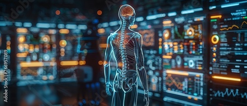 The doctor of the future. Medical report about the health of a patient on a three-dimensional screen with medical interface, analysis of data, telemedicine. Computer scan of a person. Disease
