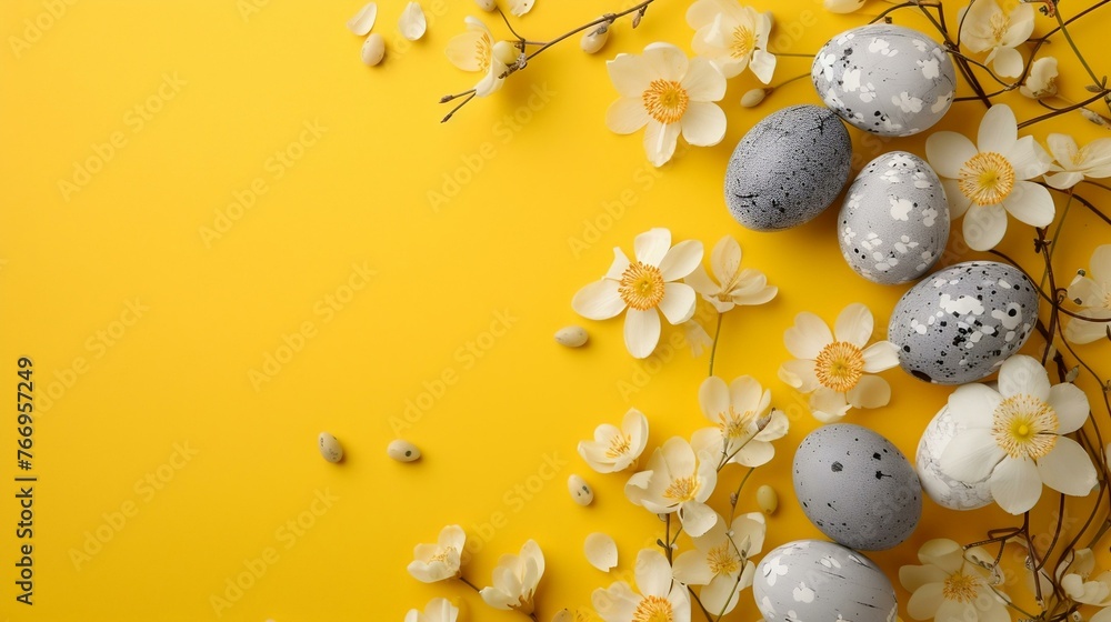Easter eggs and spring flowers on a yellow background with space for text, top view. Generated ai.
