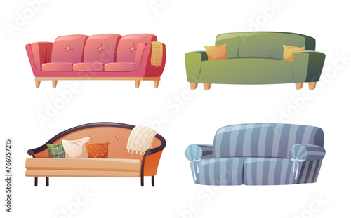 Set of soft comfortable home sofas. Living room interior decoration. Vector isolated cartoon illustration collection.