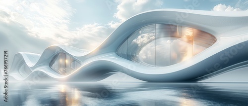 A low angle view of futuristic architecture, a skyscraper with curved glass windows...