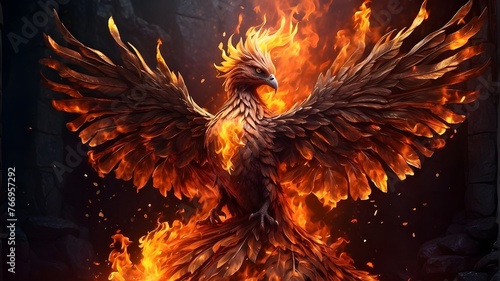 Phoenix Bird on fire. Wallpaper of a phoenix, phoenix warrior, phoenix in fire, flaming bird, phoenix rising from the ashes. Fantasy wall covering
