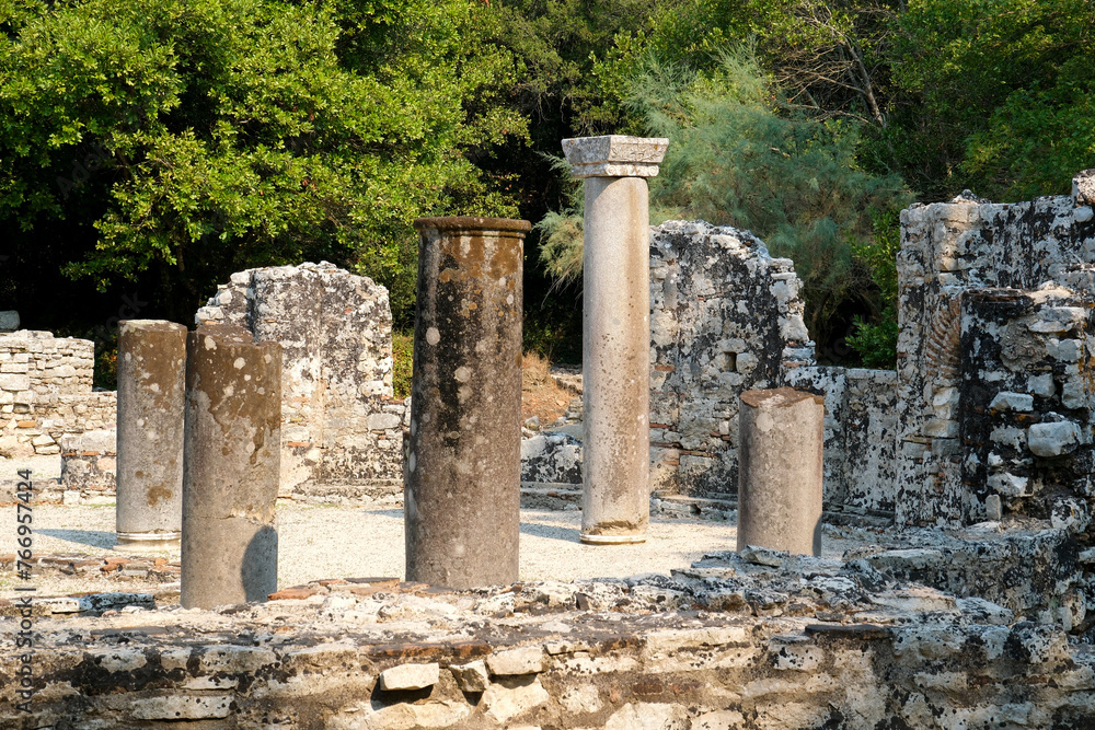 Ruins of the Great Basilica in Butrint National Park, Buthrotum, Albania. Triconch Palace at Butrint Life and death of an ancient Roman house Historical medieval Venetian Tower surrounded