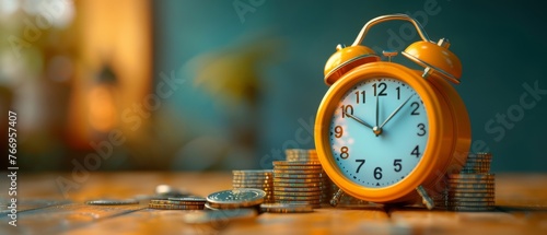 Cartoon alarm clock with coin concept. Tax deduction reminder. Business investment, earnings, financial savings. Quick loan. 3D rendering.