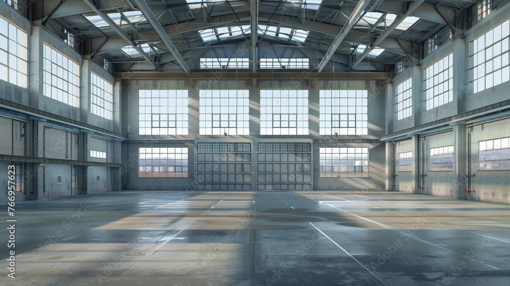 3d rendering of an empty warehouse with a lot of windows. 3d rendering of large hangar building and concrete floor and open shutter door in perspective view for background Generative AI